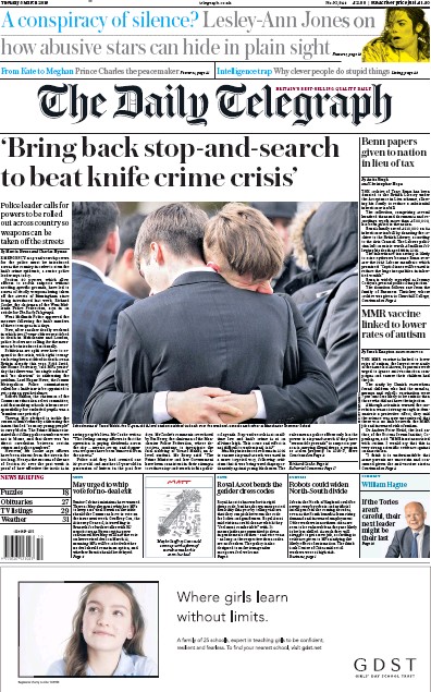 The Daily Telegraph Newspaper Front Page (UK) for 5 March 2019