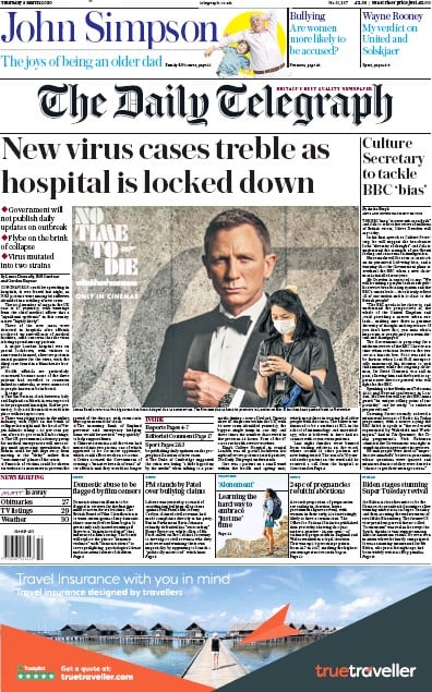 The Daily Telegraph Newspaper Front Page (UK) for 5 March 2020