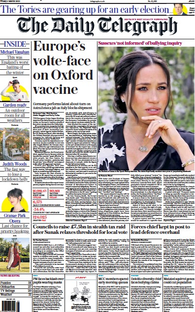 The Daily Telegraph Newspaper Front Page (UK) for 5 March 2021