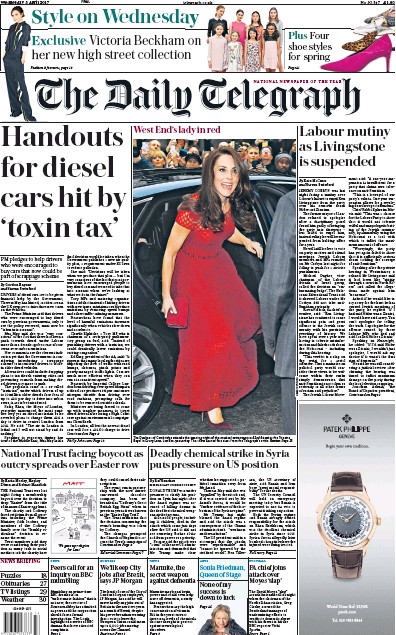 The Daily Telegraph Newspaper Front Page (UK) for 5 April 2017
