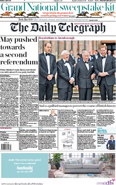 The Daily Telegraph Newspaper Front Page (UK) for 5 April 2019