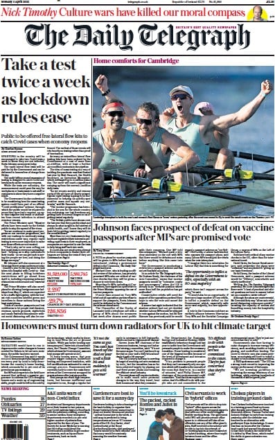 The Daily Telegraph Newspaper Front Page (UK) for 5 April 2021