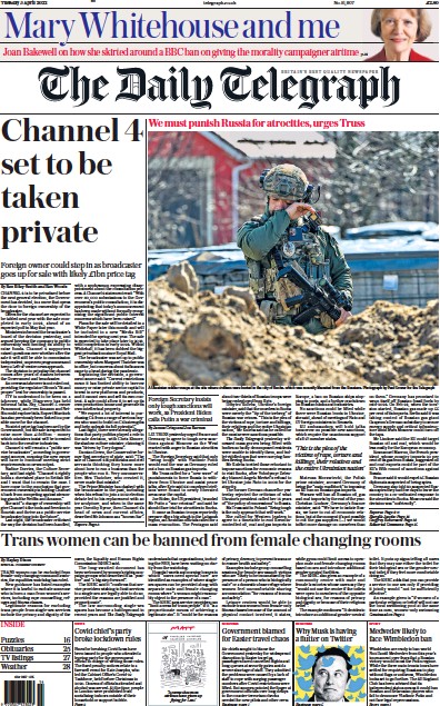 The Daily Telegraph Newspaper Front Page (UK) for 5 April 2022