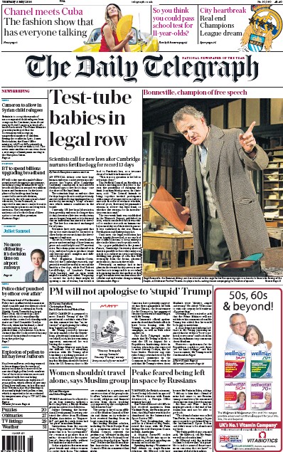 The Daily Telegraph Newspaper Front Page (UK) for 5 May 2016
