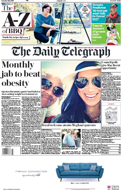The Daily Telegraph Newspaper Front Page (UK) for 5 May 2018