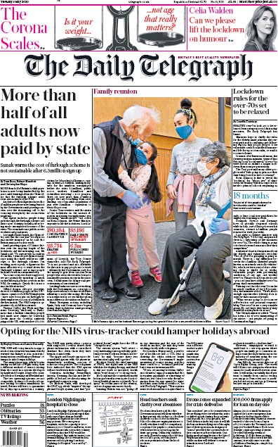 The Daily Telegraph Newspaper Front Page (UK) for 5 May 2020