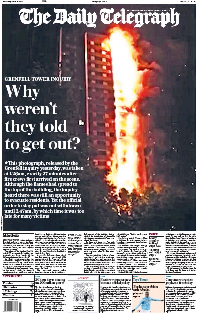 The Daily Telegraph Newspaper Front Page (UK) for 5 June 2018