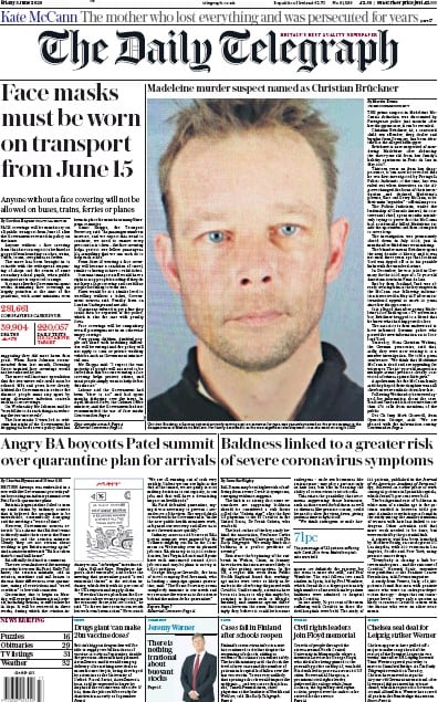 The Daily Telegraph Newspaper Front Page (UK) for 5 June 2020