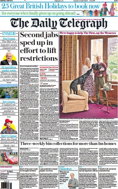 The Daily Telegraph Newspaper Front Page (UK) for 5 June 2021