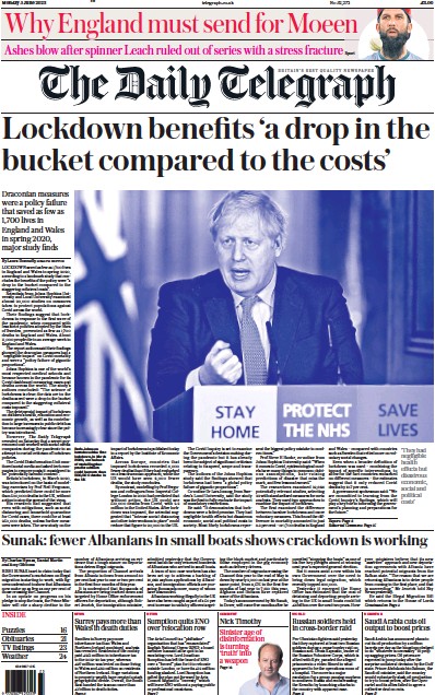 The Daily Telegraph Newspaper Front Page (UK) for 5 June 2023
