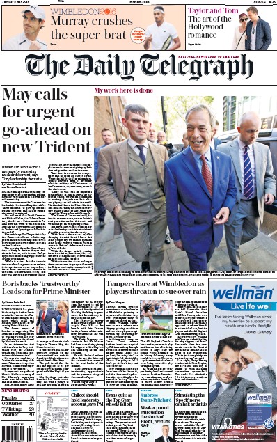 The Daily Telegraph Newspaper Front Page (UK) for 5 July 2016