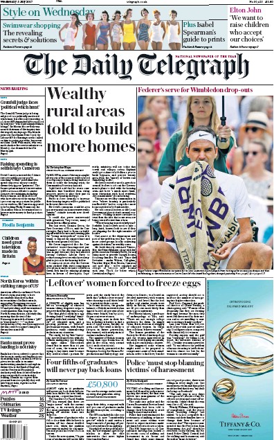The Daily Telegraph Newspaper Front Page (UK) for 5 July 2017