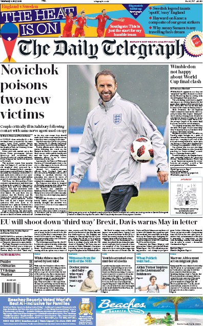 The Daily Telegraph Newspaper Front Page (UK) for 5 July 2018