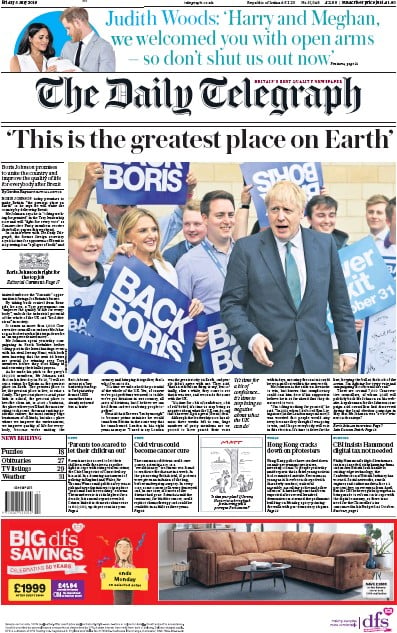 The Daily Telegraph Newspaper Front Page (UK) for 5 July 2019