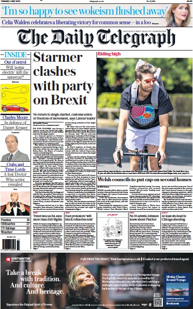 The Daily Telegraph Newspaper Front Page (UK) for 5 July 2022