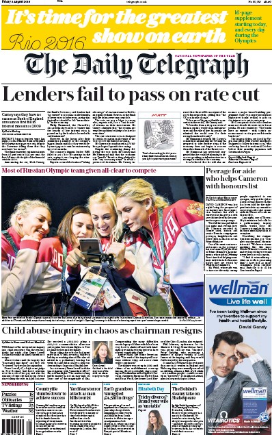 The Daily Telegraph Newspaper Front Page (UK) for 5 August 2016