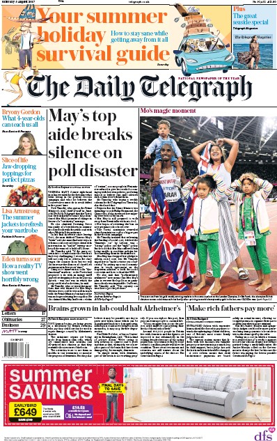 The Daily Telegraph Newspaper Front Page (UK) for 5 August 2017