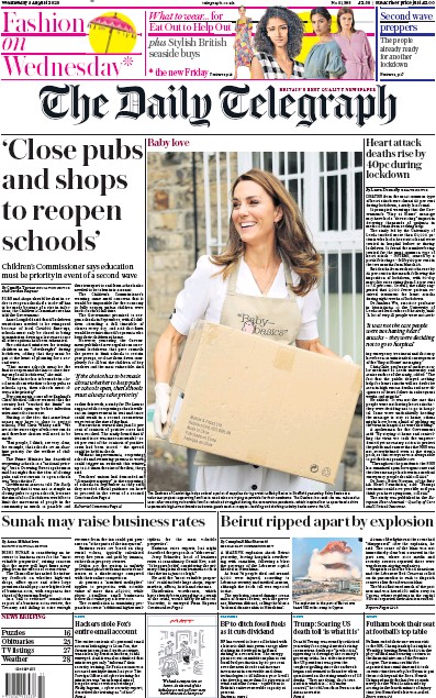 The Daily Telegraph Newspaper Front Page (UK) for 5 August 2020
