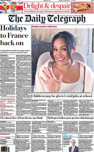 The Daily Telegraph Newspaper Front Page (UK) for 5 August 2021