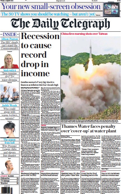 The Daily Telegraph Newspaper Front Page (UK) for 5 August 2022