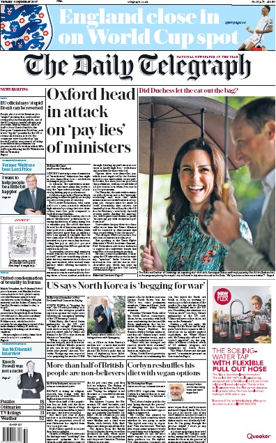 The Daily Telegraph Newspaper Front Page (UK) for 5 September 2017