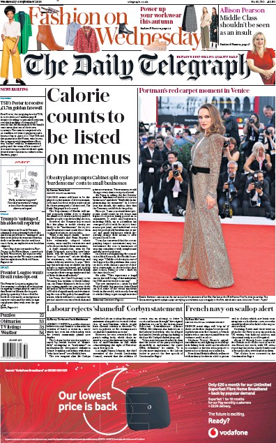 The Daily Telegraph Newspaper Front Page (UK) for 5 September 2018