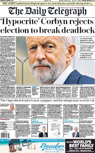 The Daily Telegraph Newspaper Front Page (UK) for 5 September 2019