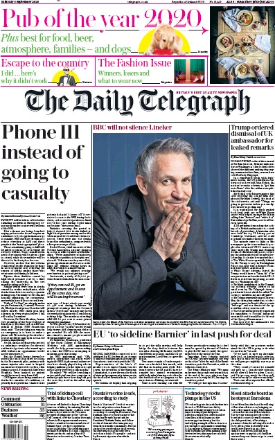 The Daily Telegraph Newspaper Front Page (UK) for 5 September 2020