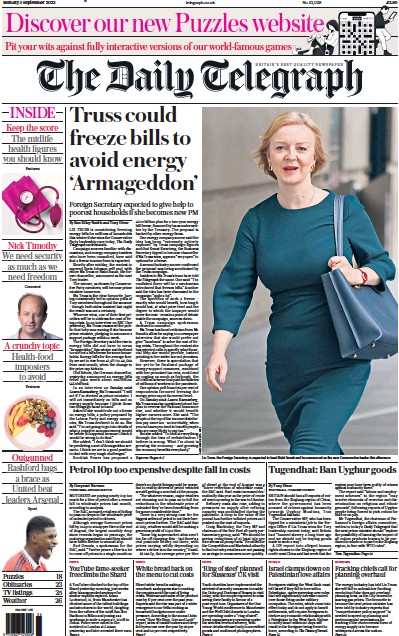 The Daily Telegraph Newspaper Front Page (UK) for 5 September 2022