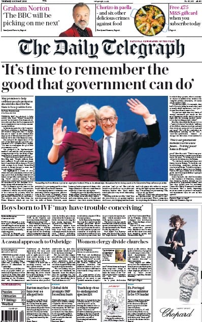 The Daily Telegraph Newspaper Front Page (UK) for 6 October 2016