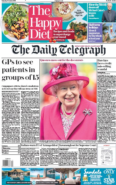 The Daily Telegraph Newspaper Front Page (UK) for 6 October 2018
