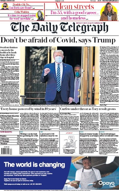 The Daily Telegraph Newspaper Front Page (UK) for 6 October 2020