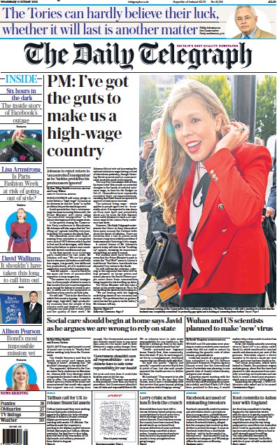 The Daily Telegraph Newspaper Front Page (UK) for 6 October 2021