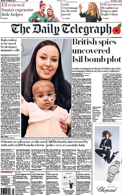 The Daily Telegraph Newspaper Front Page (UK) for 6 November 2015