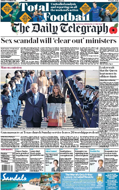 The Daily Telegraph Newspaper Front Page (UK) for 6 November 2017