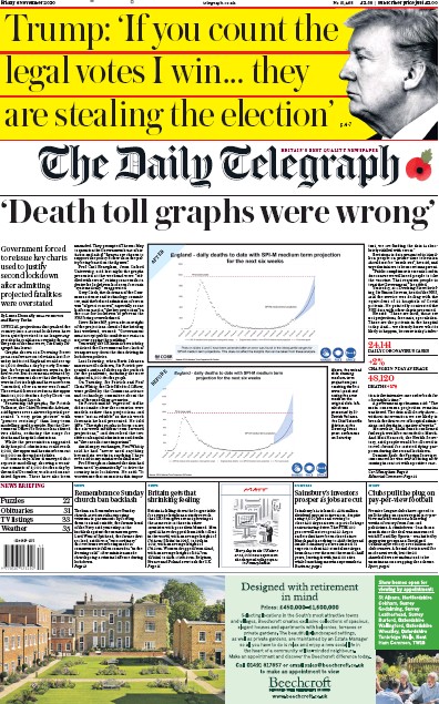 The Daily Telegraph Newspaper Front Page (UK) for 6 November 2020