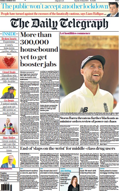 The Daily Telegraph Newspaper Front Page (UK) for 6 December 2021