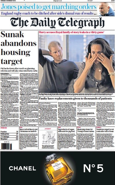 The Daily Telegraph Newspaper Front Page (UK) for 6 December 2022