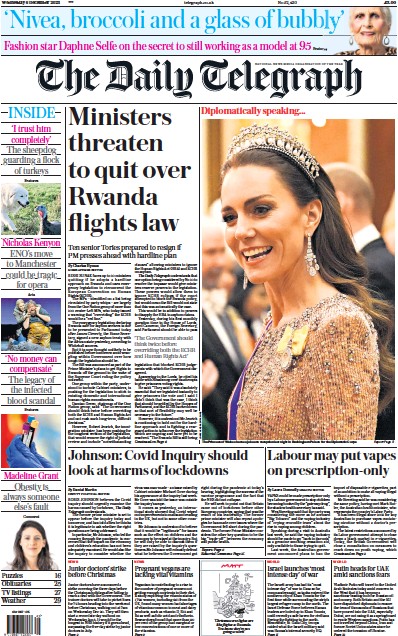 The Daily Telegraph Newspaper Front Page (UK) for 6 December 2023