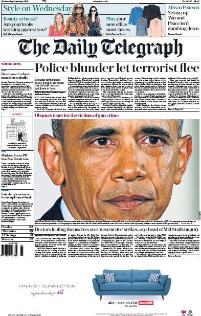 The Daily Telegraph Newspaper Front Page (UK) for 6 January 2016