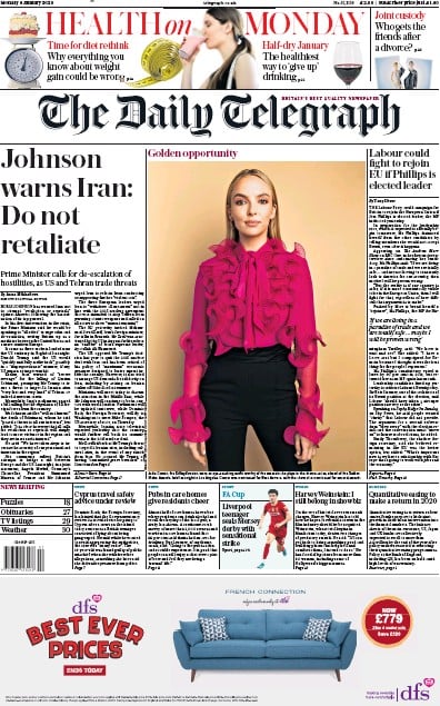 The Daily Telegraph Newspaper Front Page (UK) for 6 January 2020
