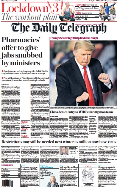 The Daily Telegraph Newspaper Front Page (UK) for 6 January 2021