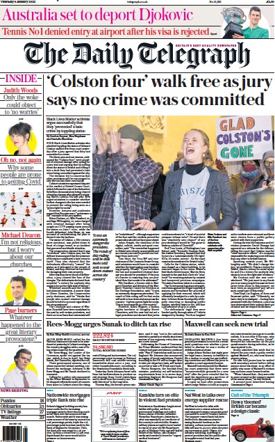 The Daily Telegraph Newspaper Front Page (UK) for 6 January 2022