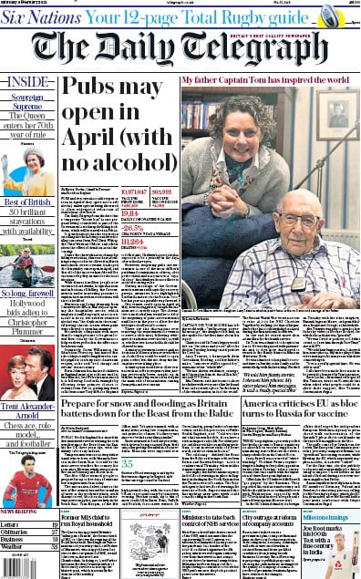 The Daily Telegraph Newspaper Front Page (UK) for 6 February 2021