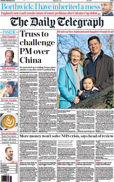 The Daily Telegraph Newspaper Front Page (UK) for 6 February 2023