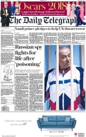 The Daily Telegraph (UK) Newspaper Front Page for 6 March 2018