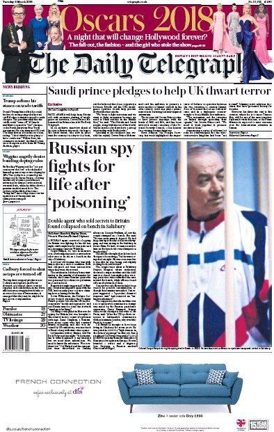The Daily Telegraph Newspaper Front Page (UK) for 6 March 2018