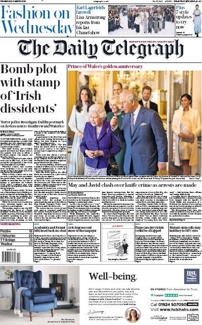 The Daily Telegraph Newspaper Front Page (UK) for 6 March 2019