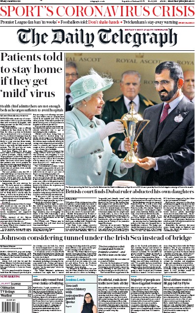 The Daily Telegraph Newspaper Front Page (UK) for 6 March 2020
