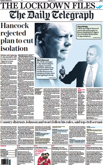 The Daily Telegraph Newspaper Front Page (UK) for 6 March 2023
